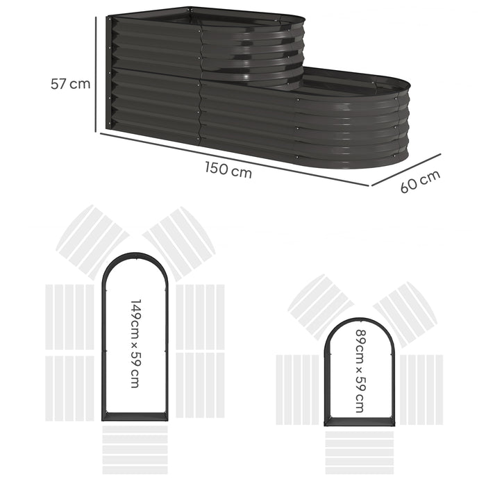 2-Tier Galvanised Raised Garden Bed with Safety Edging, Dark Grey