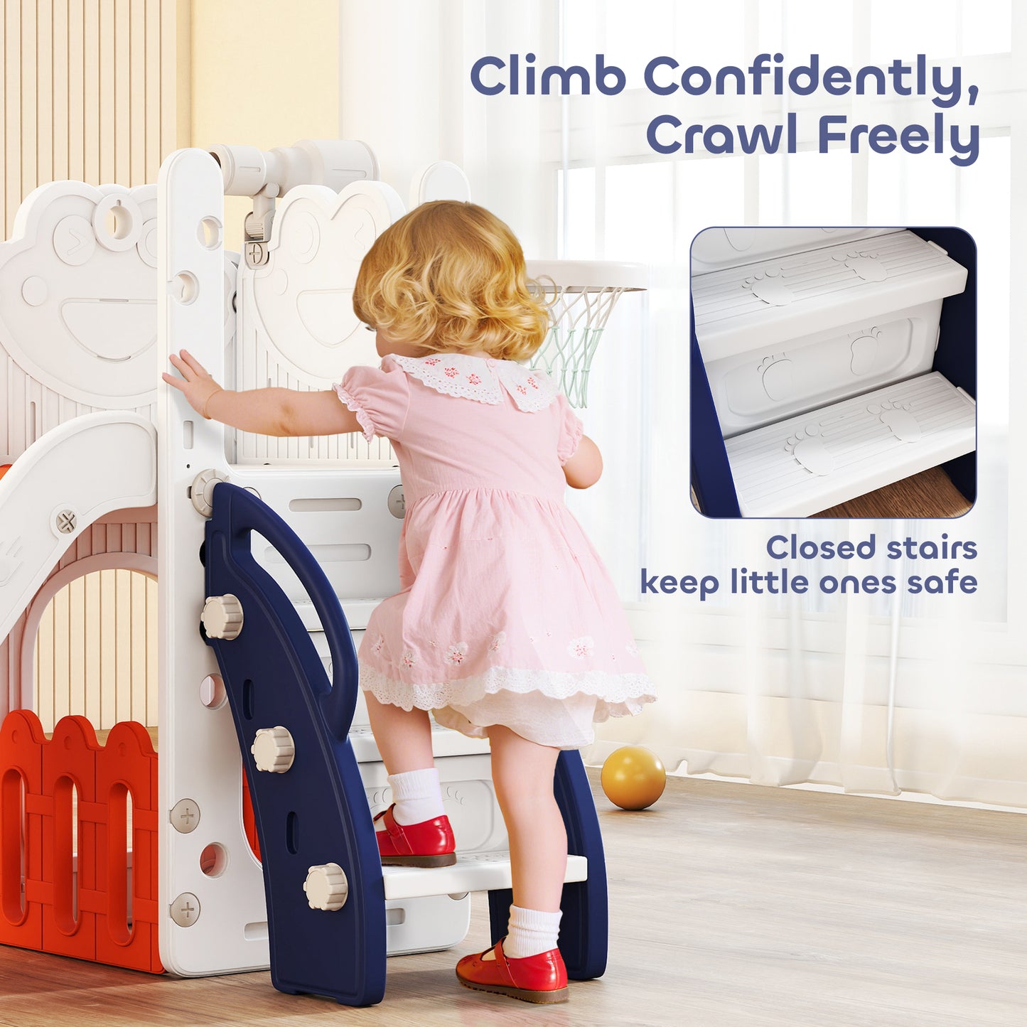 5 in 1 Toddler Slide Set with Basketball Hoop for Age 1-3, Orange