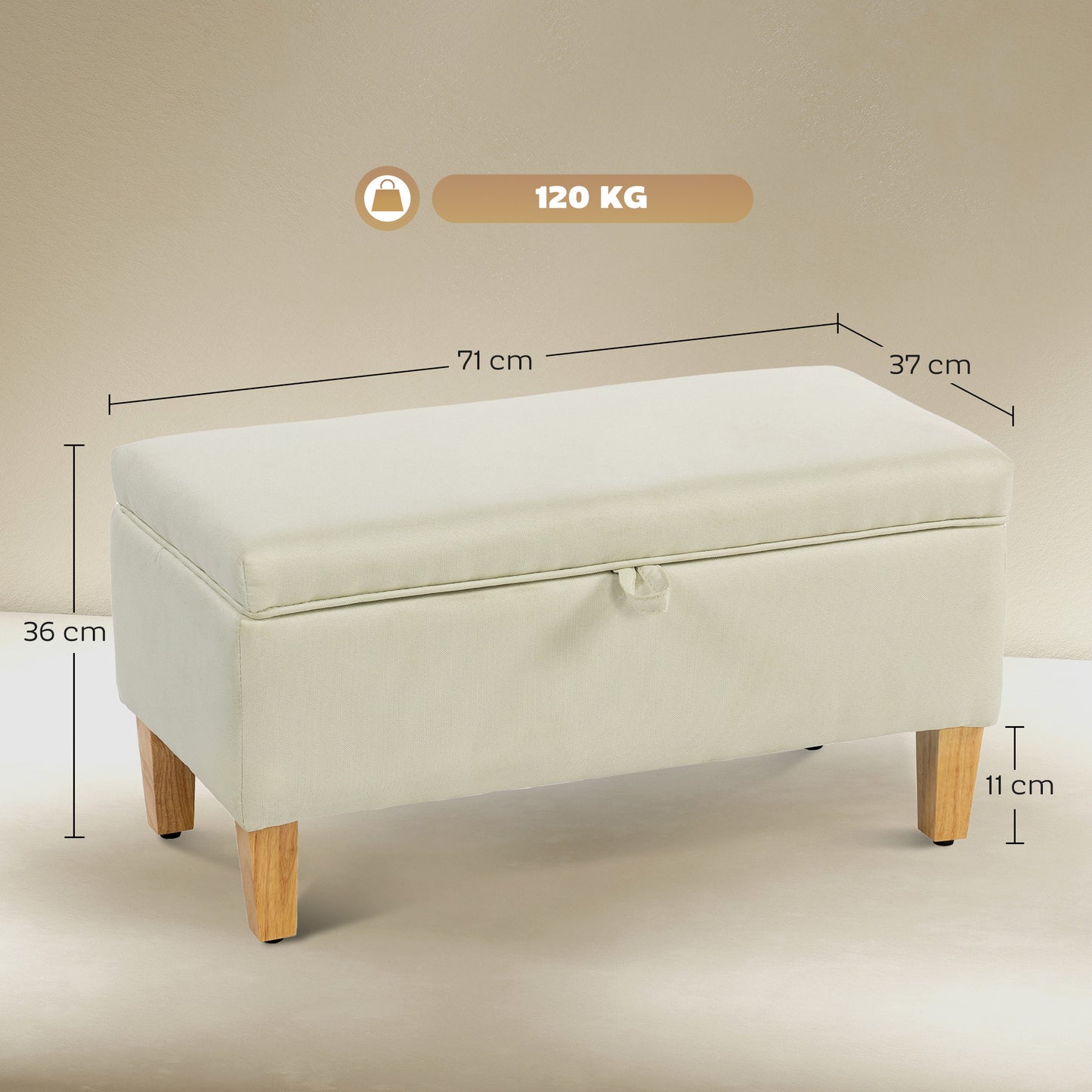 Linen Storage Ottoman Storage Box with Rubberwood Legs, Beige