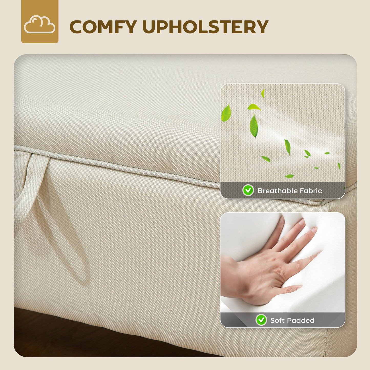 Linen Storage Ottoman Storage Box with Rubberwood Legs, Beige