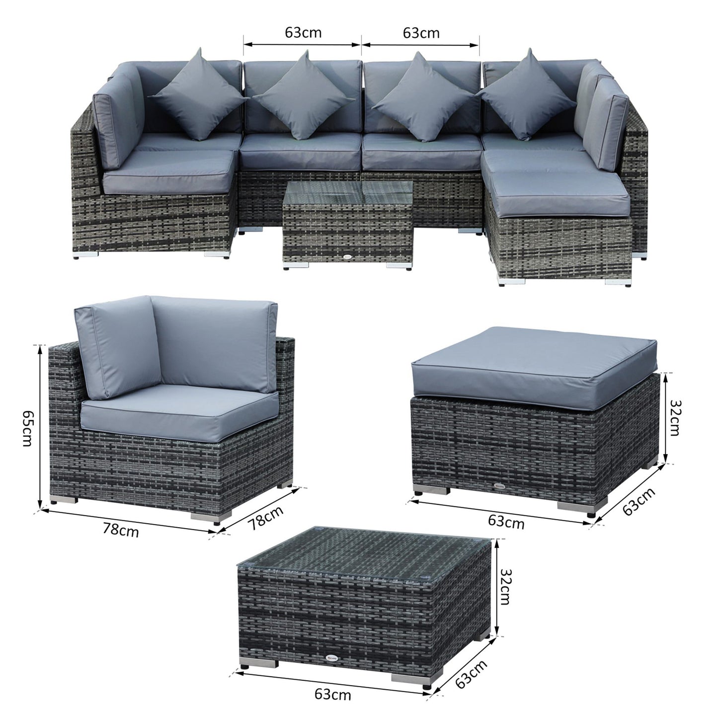 8 Pieces PE Rattan Corner Sofa Set with Thick Cushions, Aluminium Outdoor Rattan Garden Furniture Set with Glass Top Table, No Assembly Required, Grey