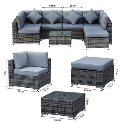 8 Pieces PE Rattan Corner Sofa Set with Thick Cushions, Aluminium Outdoor Rattan Garden Furniture Set with Glass Top Table, No Assembly Required, Grey