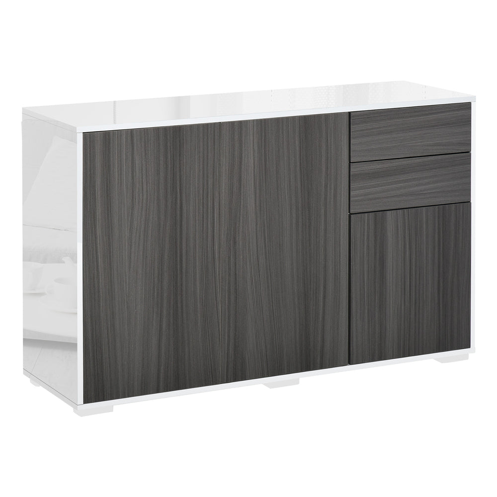 High Gloss Sideboard, Side Cabinet, Push-Open Design with 2 Drawer for Living Room, Bedroom, Grey and White