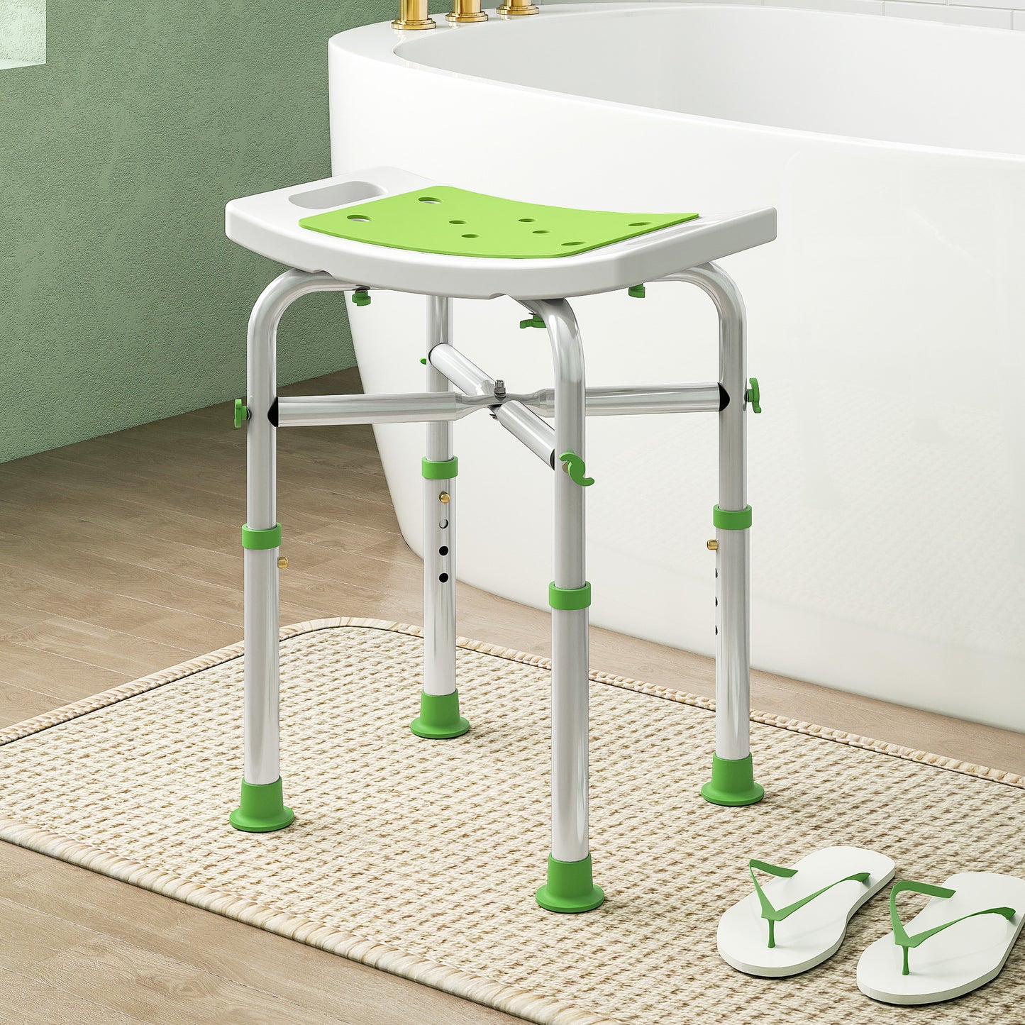 Adjustable Shower Stool with Foot Pads for Elderly Disabled Green
