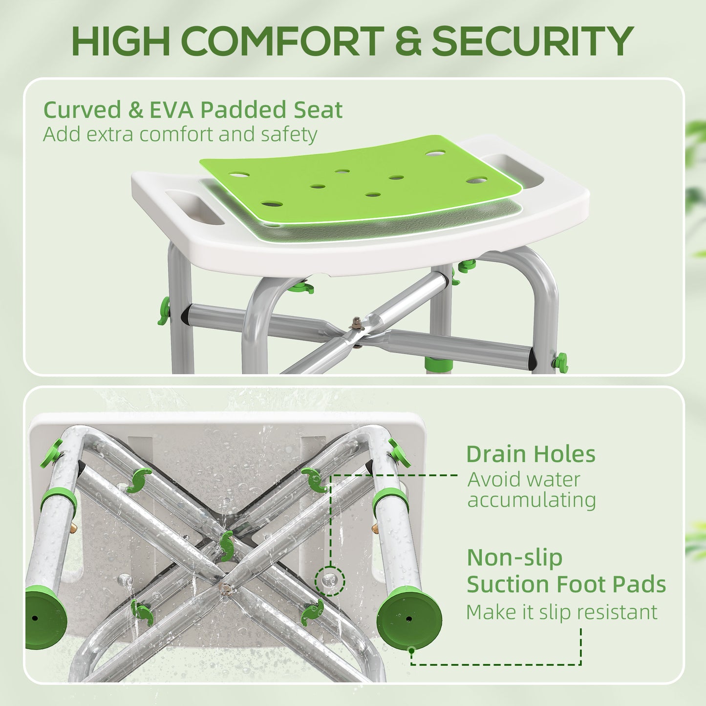 Adjustable Shower Stool with Foot Pads for Elderly Disabled Green