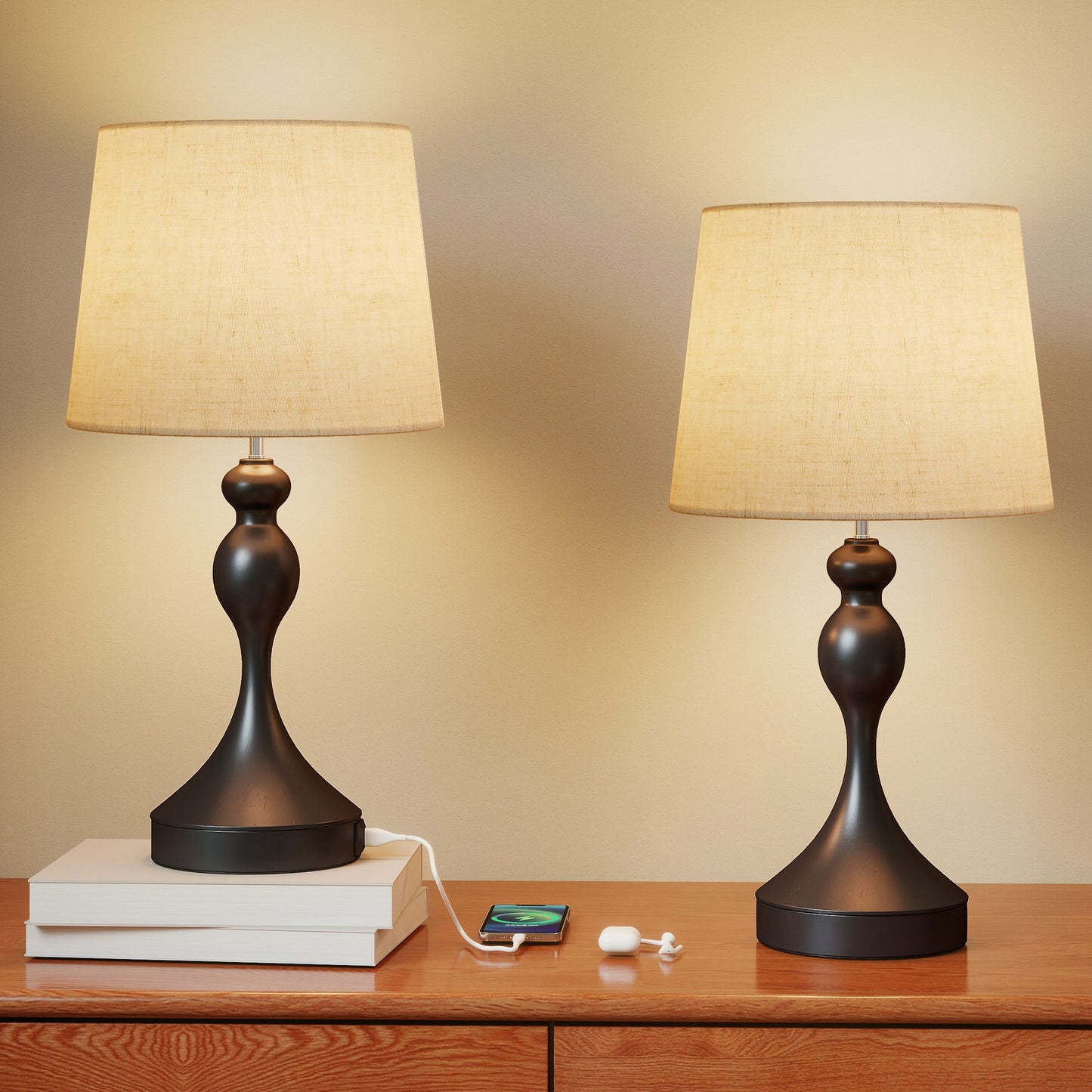 Table Lamps Set of 2, Modern Bedside Lamps with USB Ports, Black