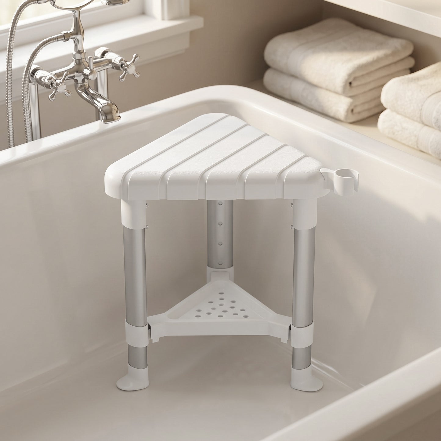 Shower Stool with Storage Shelf and HDPE Seat, White