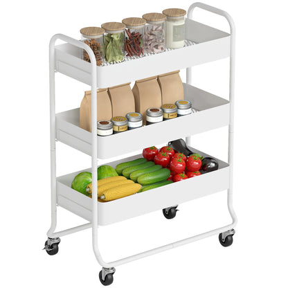 3-Tier Storage Trolley, Storage Cart with Mesh Backets, Wheels, White