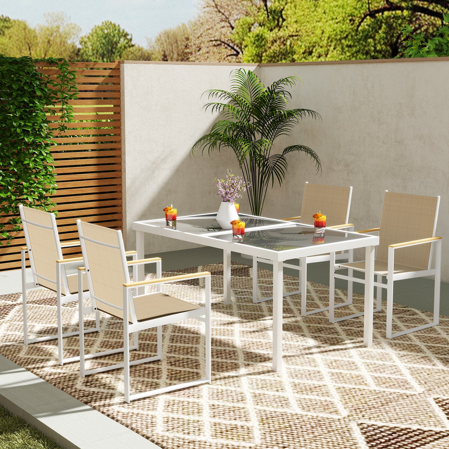 5 Piece Garden Table and Chairs with Tempered Glass Table Top