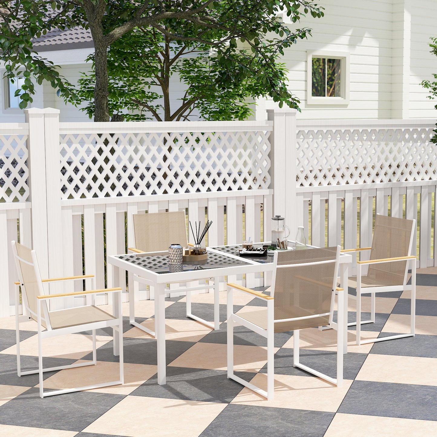 5 Piece Garden Table and Chairs with Tempered Glass Table Top