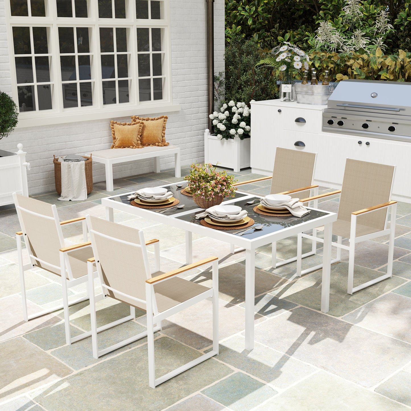 5 Piece Garden Table and Chairs with Tempered Glass Table Top