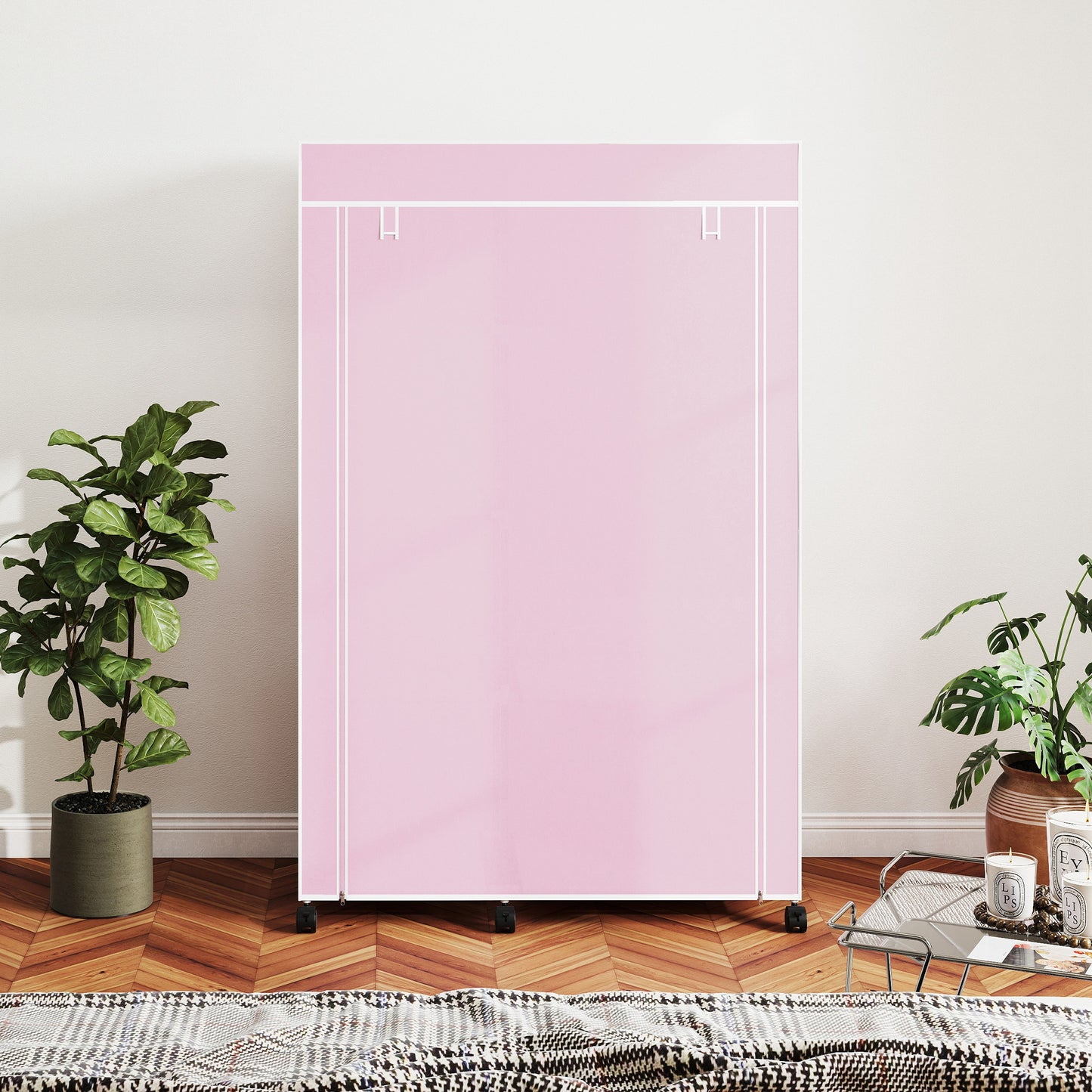 Fabric Wardrobe with wheels, Mobile Portable Wardrobe with 6 Shelves, 1 Hanging Rail, Foldable, 103 x 43 x 162.5 cm, Pink