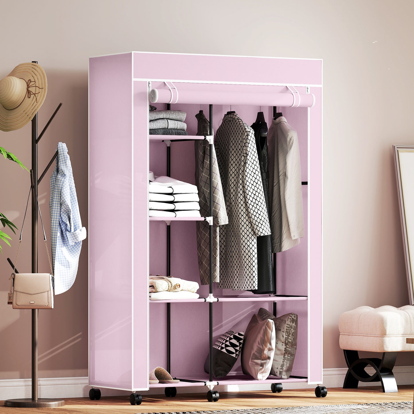 Fabric Wardrobe with wheels, Mobile Portable Wardrobe with 6 Shelves, 1 Hanging Rail, Foldable, 103 x 43 x 162.5 cm, Pink