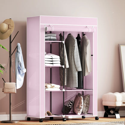 Fabric Wardrobe with wheels, Mobile Portable Wardrobe with 6 Shelves, 1 Hanging Rail, Foldable, 103 x 43 x 162.5 cm, Pink