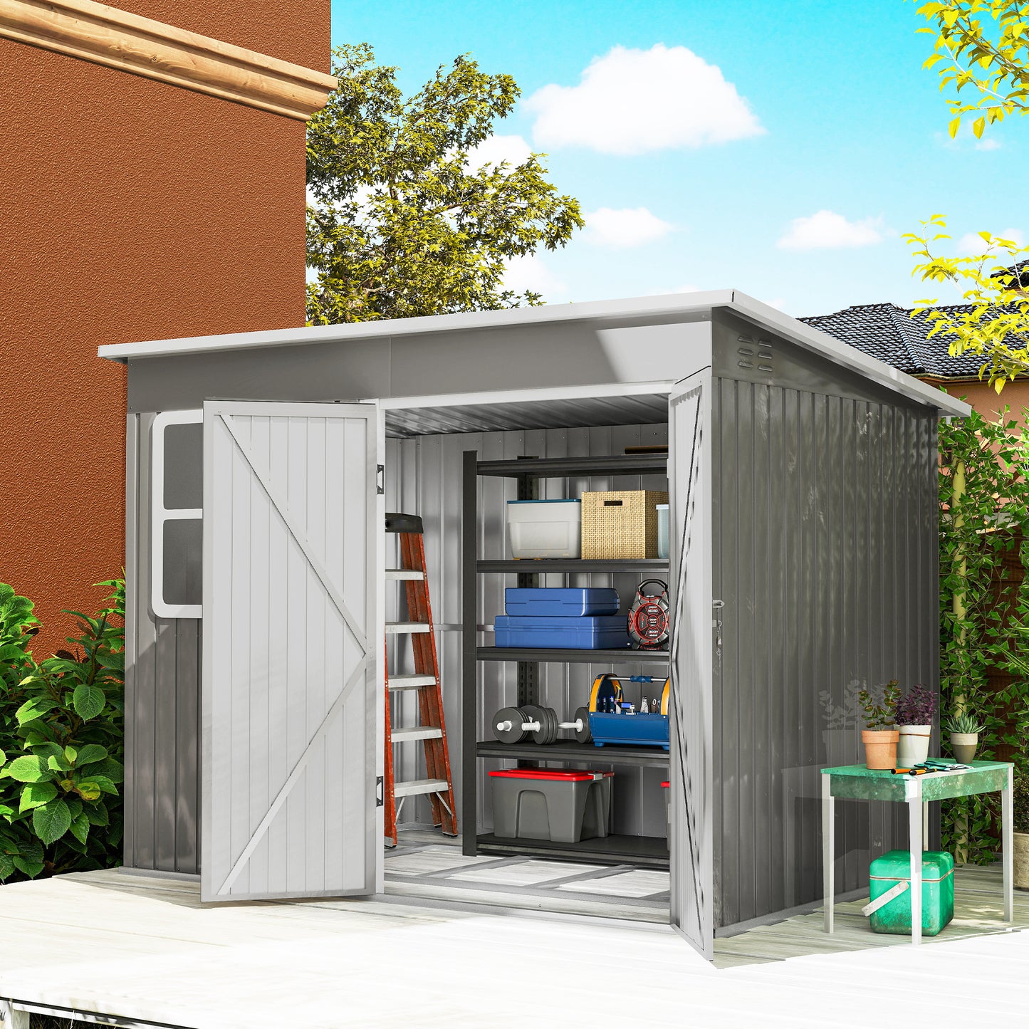 8.5 x 6ft Galvanised Steel Garden Shed with Foundation Kit, Grey