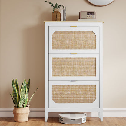 Shoe Storage Cabinet with 3 Flip Drawers, Boho Slim Shoe Cabinet with Rattan Doors for Entryway, Hallway, Holds 21 Pairs, White