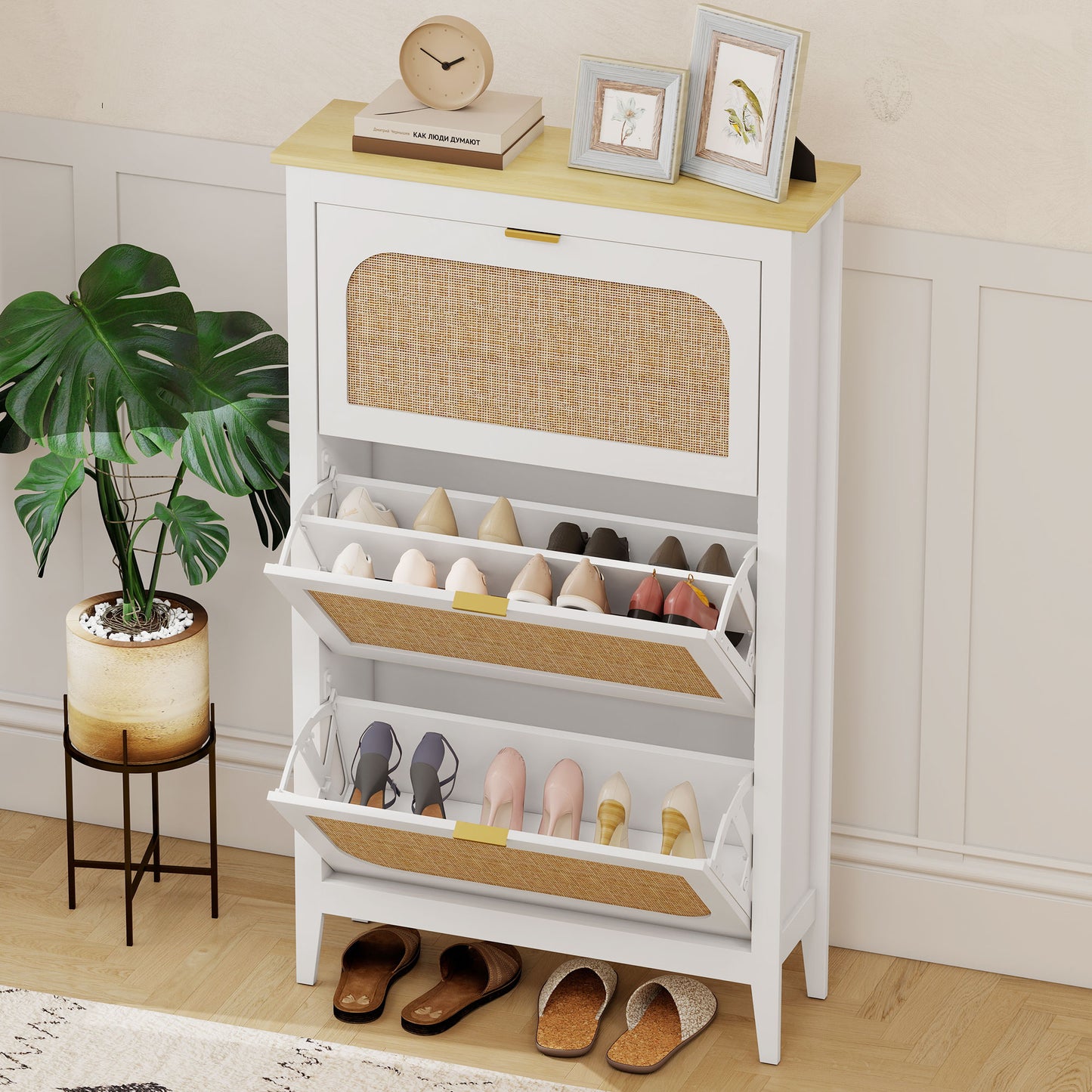 Shoe Storage Cabinet with 3 Flip Drawers, Boho Slim Shoe Cabinet with Rattan Doors for Entryway, Hallway, Holds 21 Pairs, White