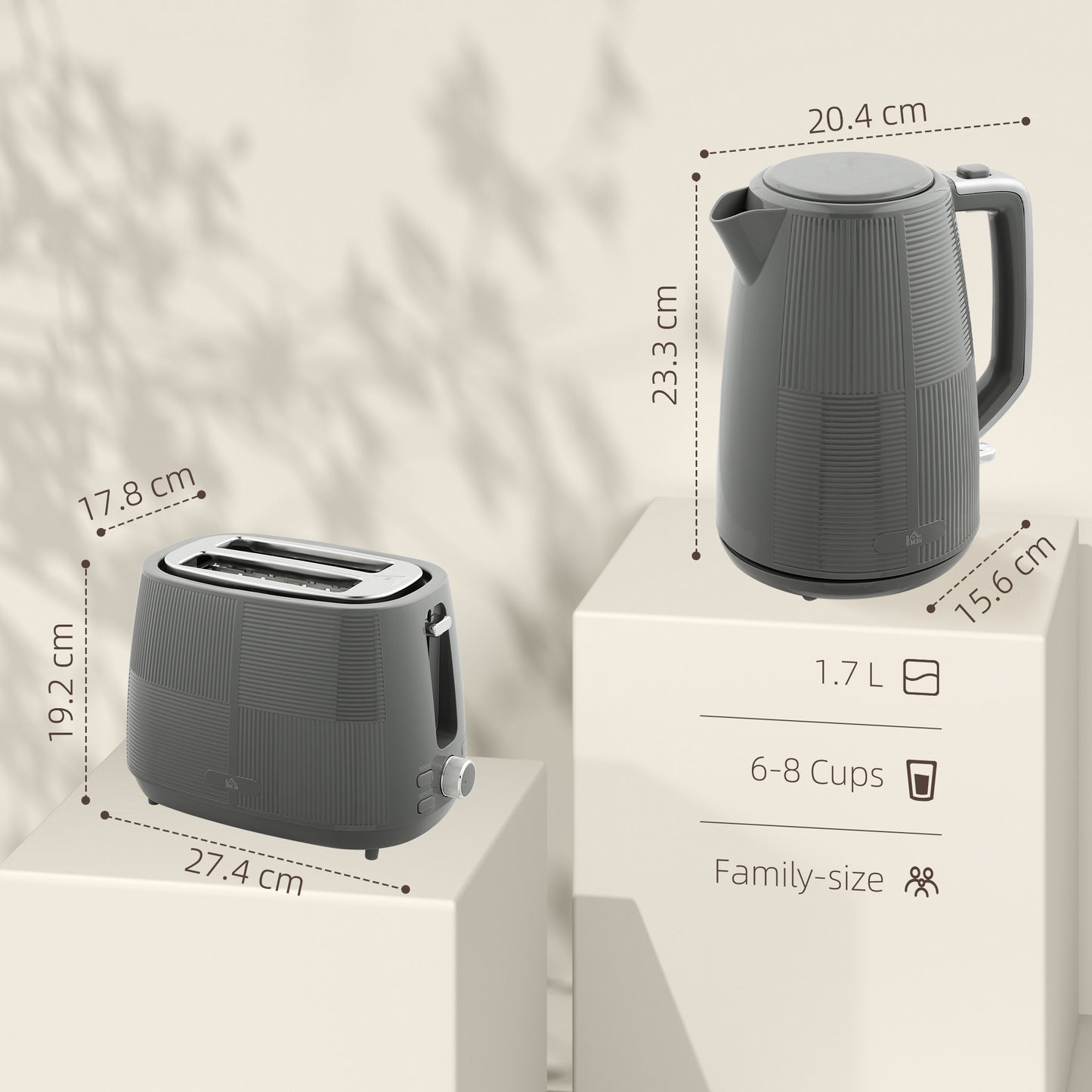 1.7L Fast Boil Electric Kettle and 2 Slice Water Toaster Set, Grey