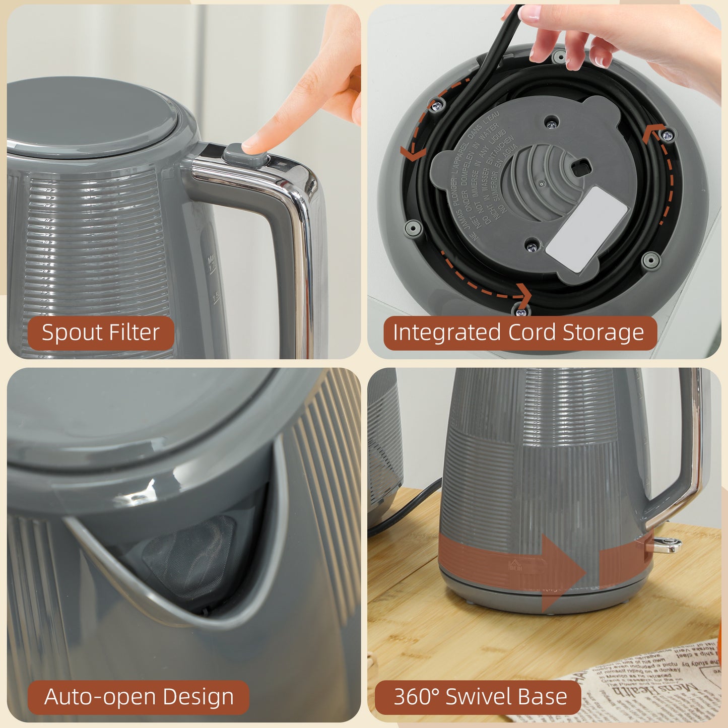 1.7L Fast Boil Electric Kettle and 2 Slice Water Toaster Set, Grey