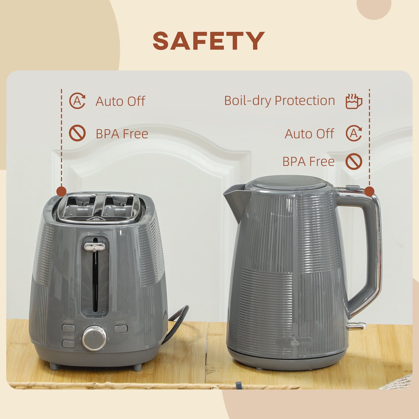 1.7L Fast Boil Electric Kettle and 2 Slice Water Toaster Set, Grey
