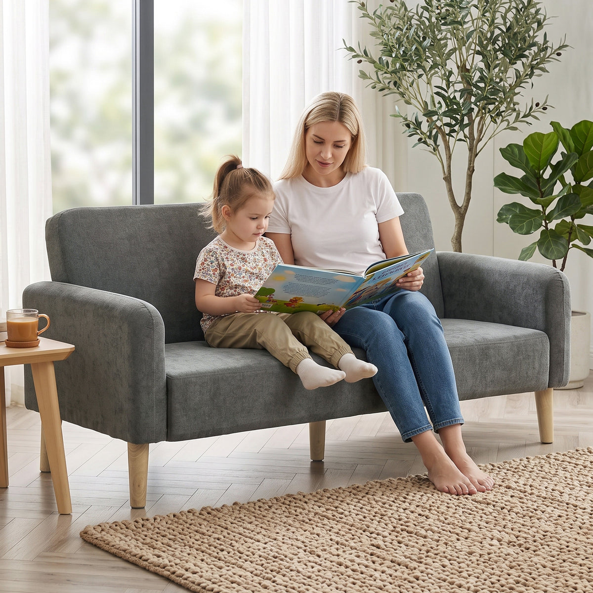 2 Seater Sofa, Velvet Small Couch with Plush Backrest, Grey
