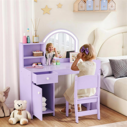Kids Dressing Table with 2-Colour LED Mirror and Stool, Purple