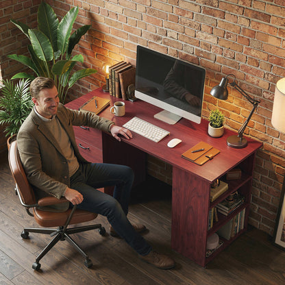 120cm PC Table Workstation Computer Desk w/ Drawers, 3 Shelves Walnut