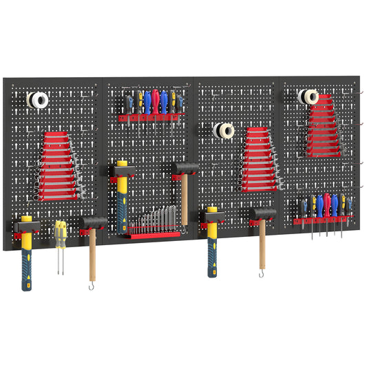 38 Pcs Wall-Mounted Pegboard with Hooks and Storage Shelves, 4 Panels Set Garage DIY Storage Unit Black and Red