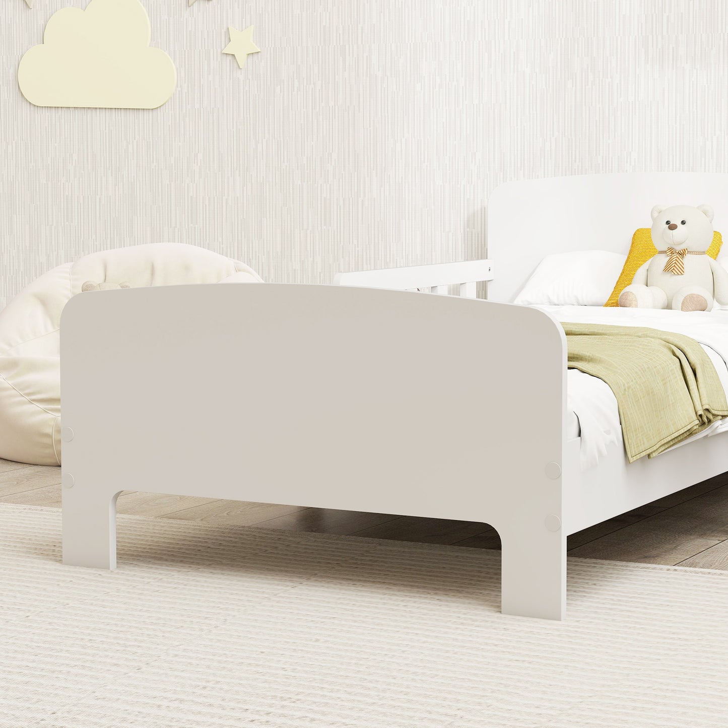 Kids Toddler Bed Frame with Safety Side Rails for 3-8 Years, White