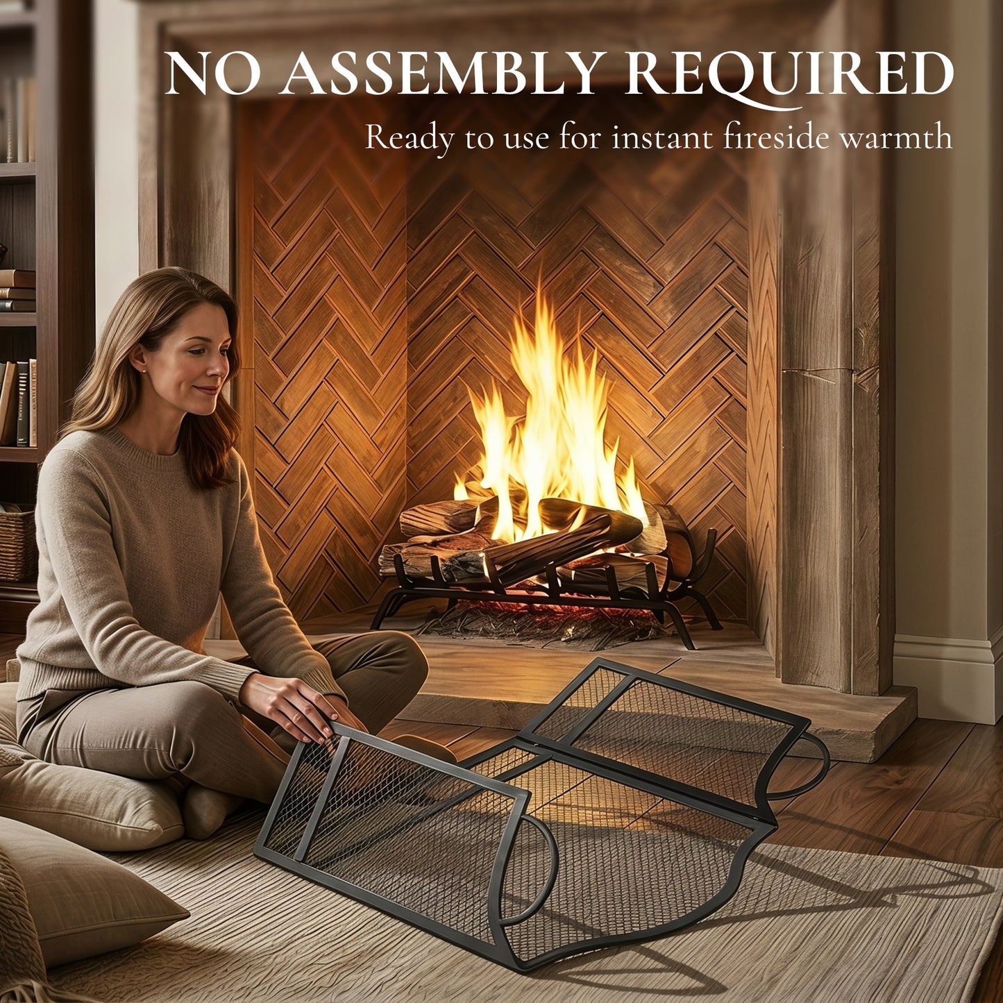 Floral 3-Panel Folding Fireplace Screen for Protection, Black