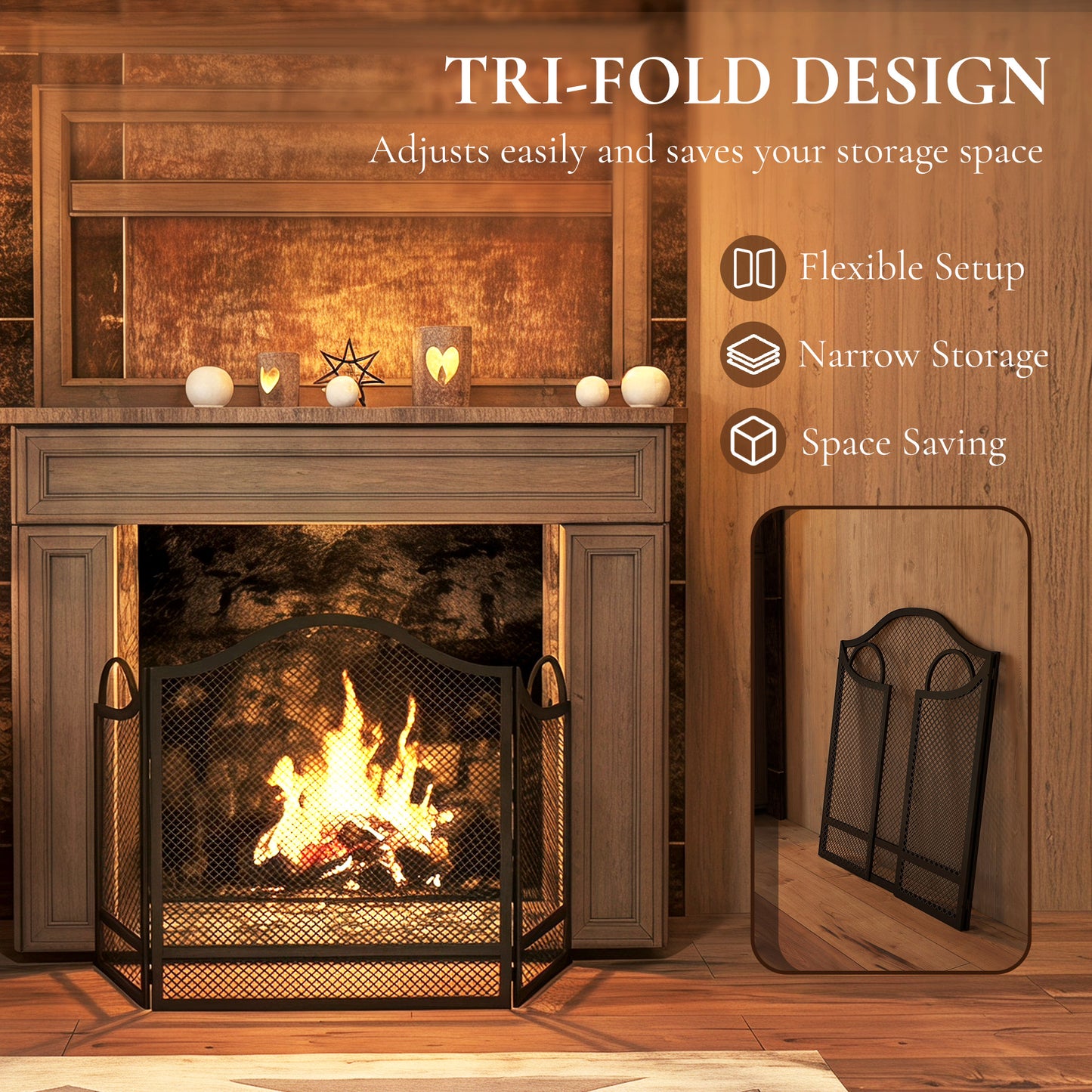 Floral 3-Panel Folding Fireplace Screen for Protection, Black