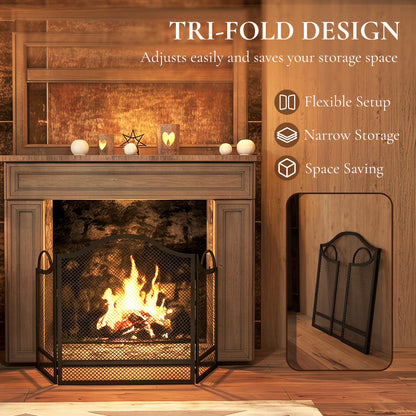 Floral 3-Panel Folding Fireplace Screen for Protection, Black