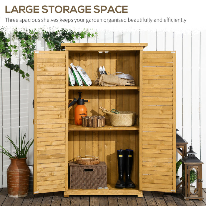 Wooden Garden Storage Shed, Compact Utility Sentry Unit, 3-Tier Shelves Tool Cabinet Organizer with Asphalt Roof and Shutter Design