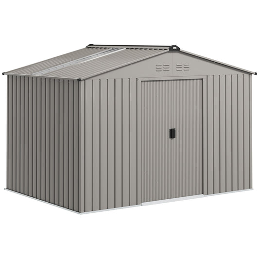 9 x 6ft Metal Garden Shed, Waterproof Outdoor Bike Storage Shed Galvanised with Vents, Foundation Kit, Apex Roof and Lockable Double Doors for Patio Lawn, Silver Grey