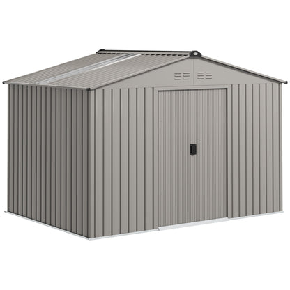 9 x 6ft Metal Garden Shed, Waterproof Outdoor Bike Storage Shed Galvanised with Vents, Foundation Kit, Apex Roof and Lockable Double Doors for Patio Lawn, Silver Grey