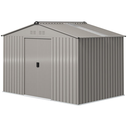 9 x 6ft Metal Garden Shed, Waterproof Outdoor Bike Storage Shed Galvanised with Vents, Foundation Kit, Apex Roof and Lockable Double Doors for Patio Lawn, Silver Grey