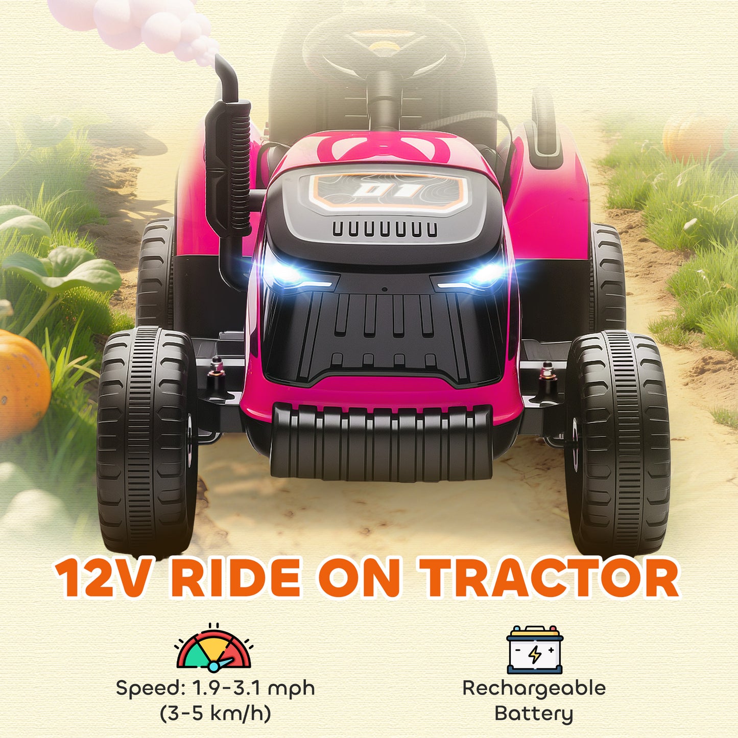 Ride on Tractor and Trailer, 12V Electric Ride on Tractor, Pink