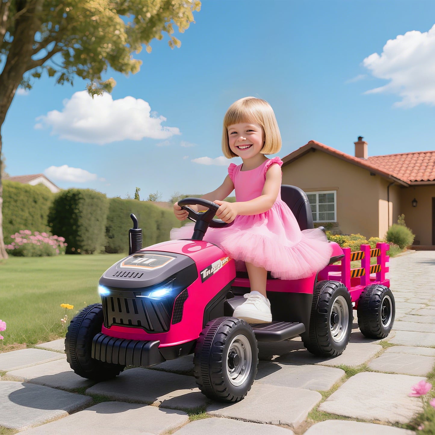 Ride on Tractor and Trailer, 12V Electric Ride on Tractor, Pink
