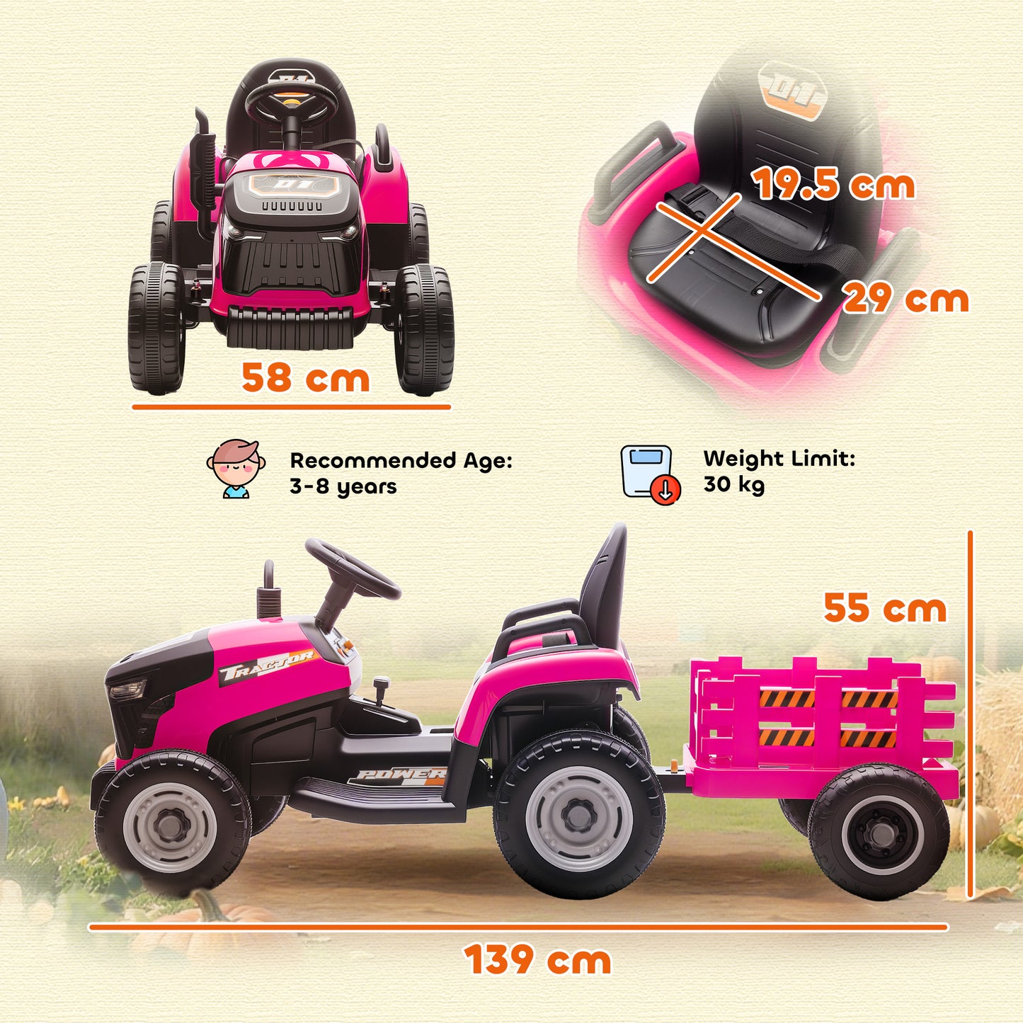 Ride on Tractor and Trailer, 12V Electric Ride on Tractor, Pink