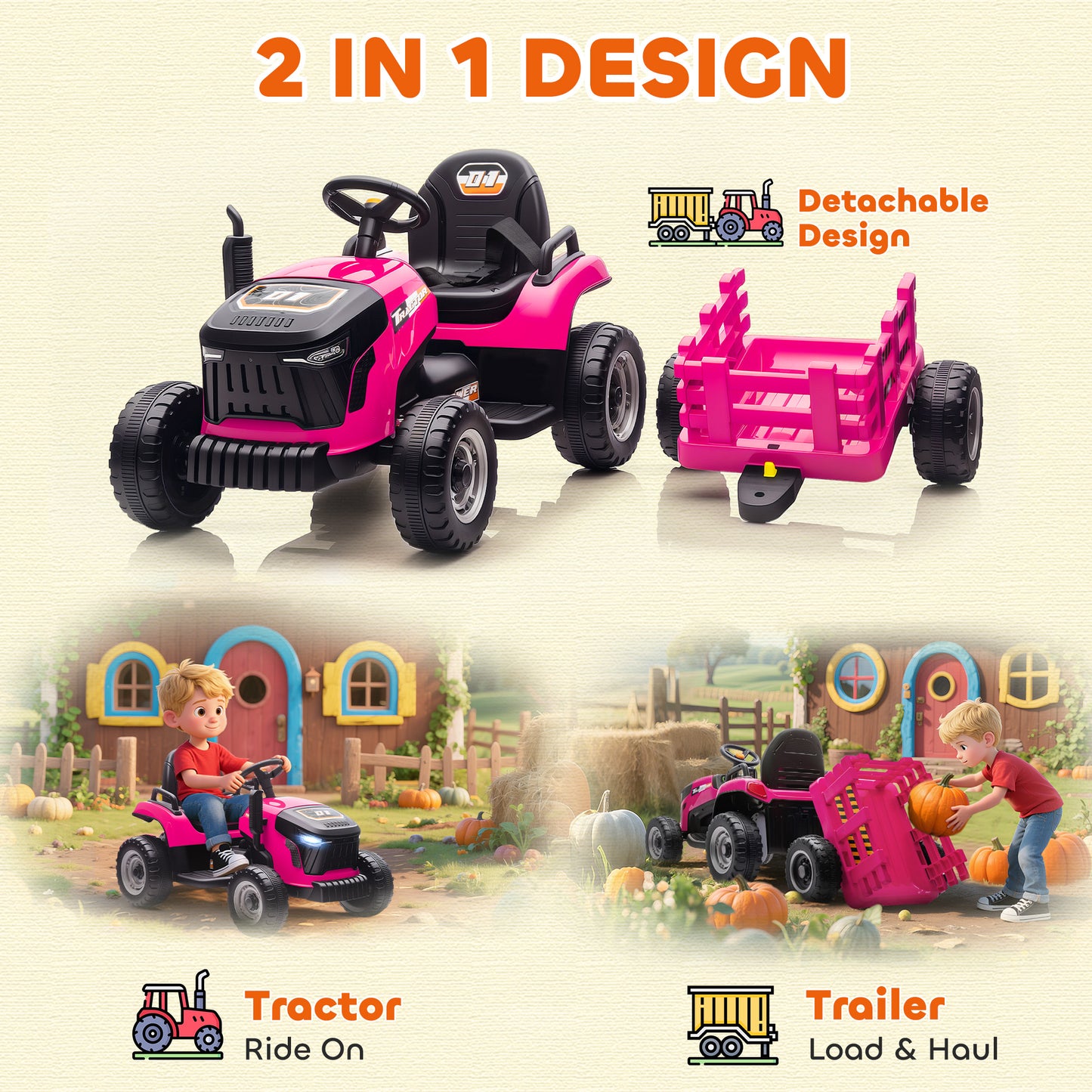 Ride on Tractor and Trailer, 12V Electric Ride on Tractor, Pink
