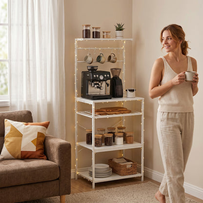 Freestanding Shelving Unit with 6 Hooks and Wine Rack, White