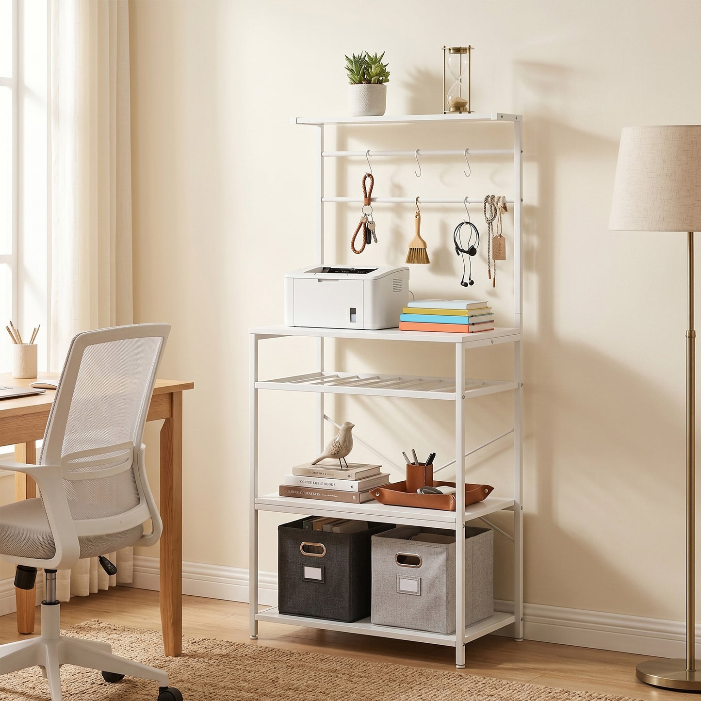 Freestanding Shelving Unit with 6 Hooks and Wine Rack, White