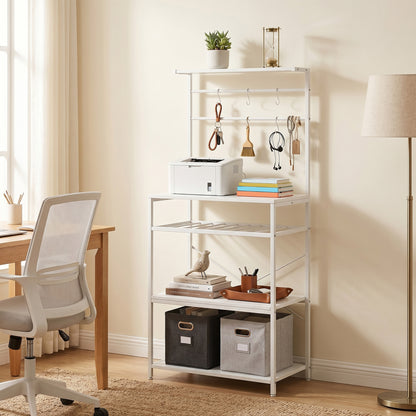 Freestanding Shelving Unit with 6 Hooks and Wine Rack, White