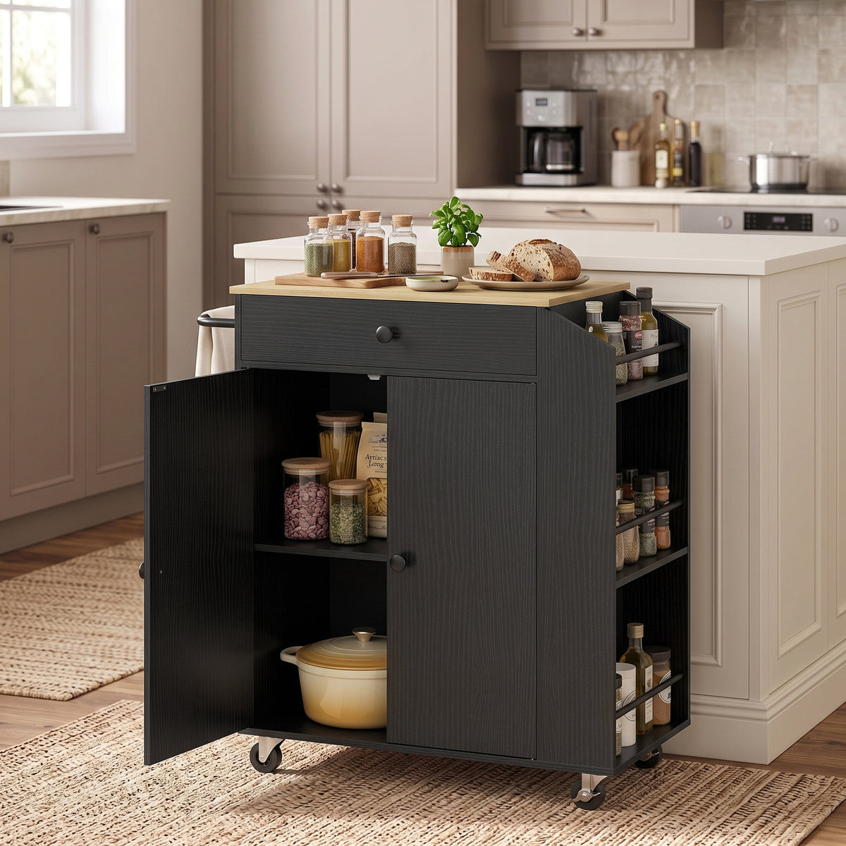 Kitchen Trolley with Drawer, Cupboard and 3-Tier Spice Rack - Black & Oak Effect