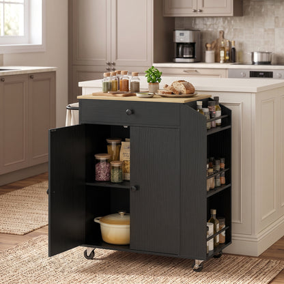Kitchen Trolley with Drawer, Cupboard and 3-Tier Spice Rack - Black & Oak Effect
