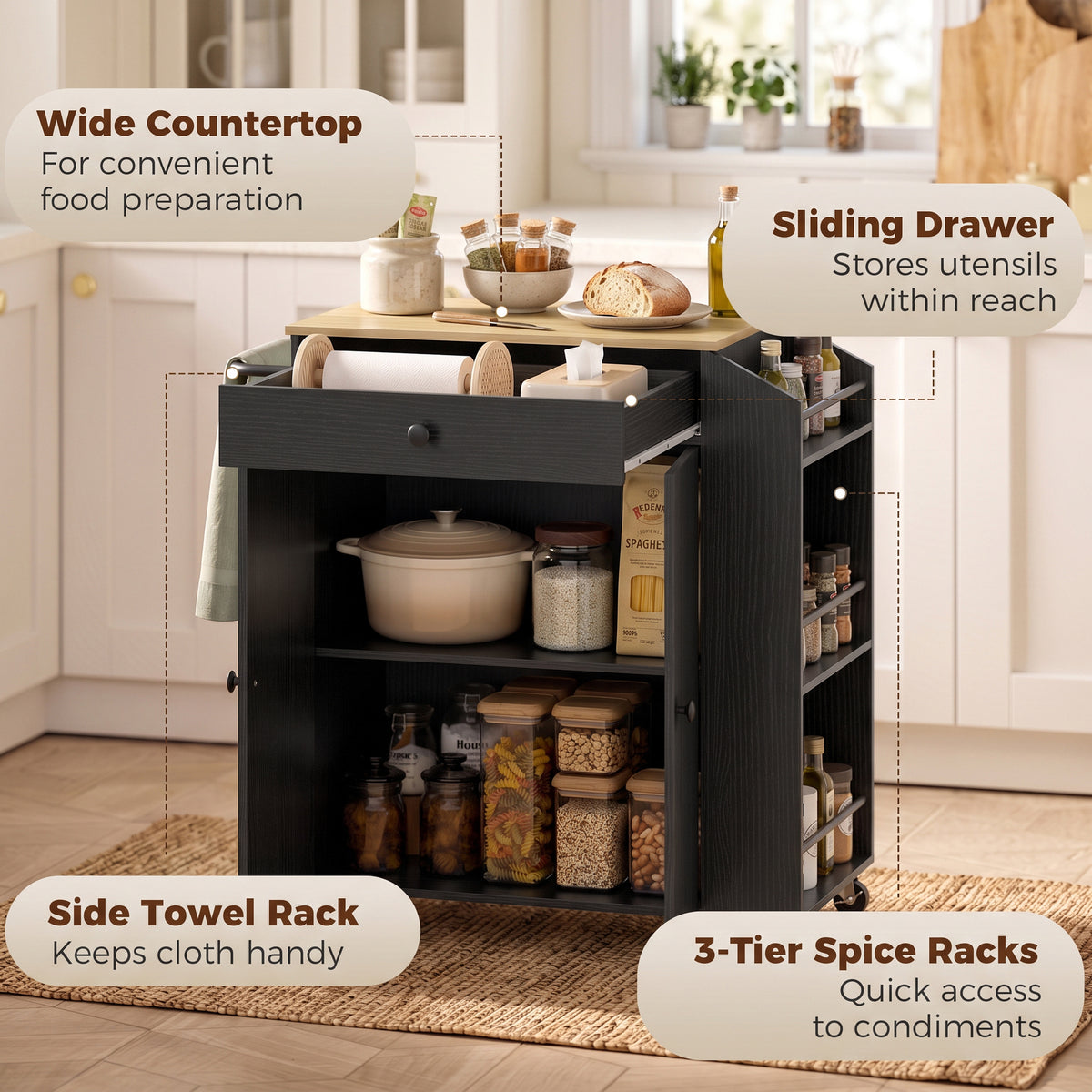 Kitchen Trolley with Drawer, Cupboard and 3-Tier Spice Rack - Black & Oak Effect