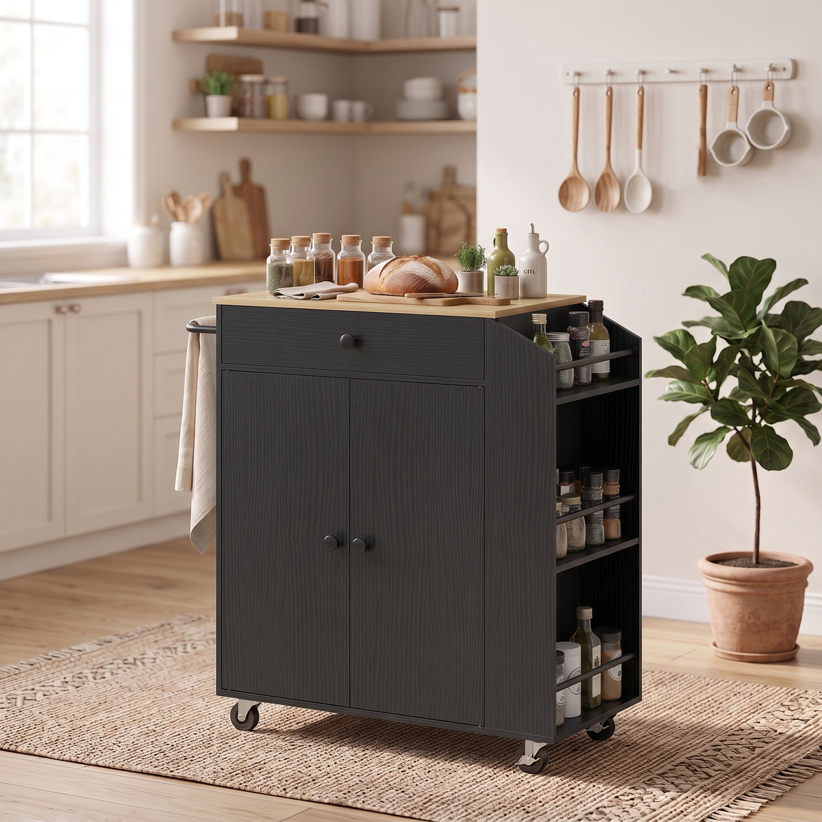 Kitchen Trolley with Drawer, Cupboard and 3-Tier Spice Rack - Black & Oak Effect