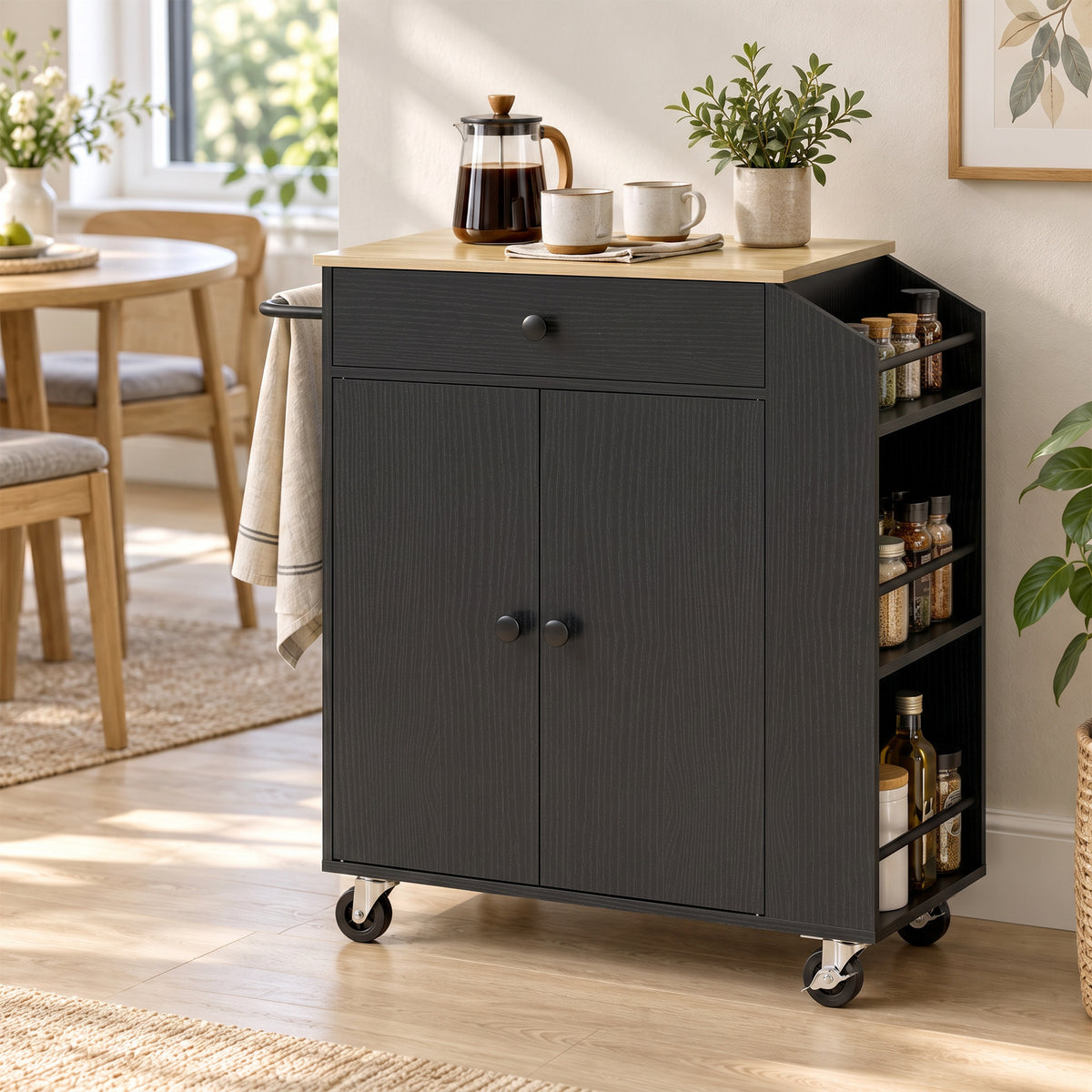 Kitchen Trolley with Drawer, Cupboard and 3-Tier Spice Rack - Black & Oak Effect