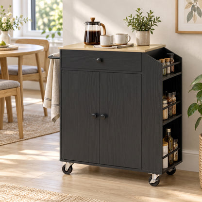 Kitchen Trolley with Drawer, Cupboard and 3-Tier Spice Rack - Black & Oak Effect