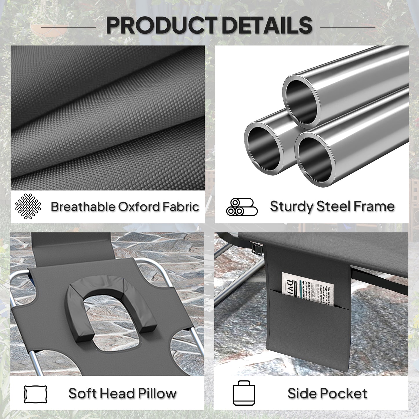 Sun Lounger with Reading Hole, Folding Garden Lounger, Dark Grey